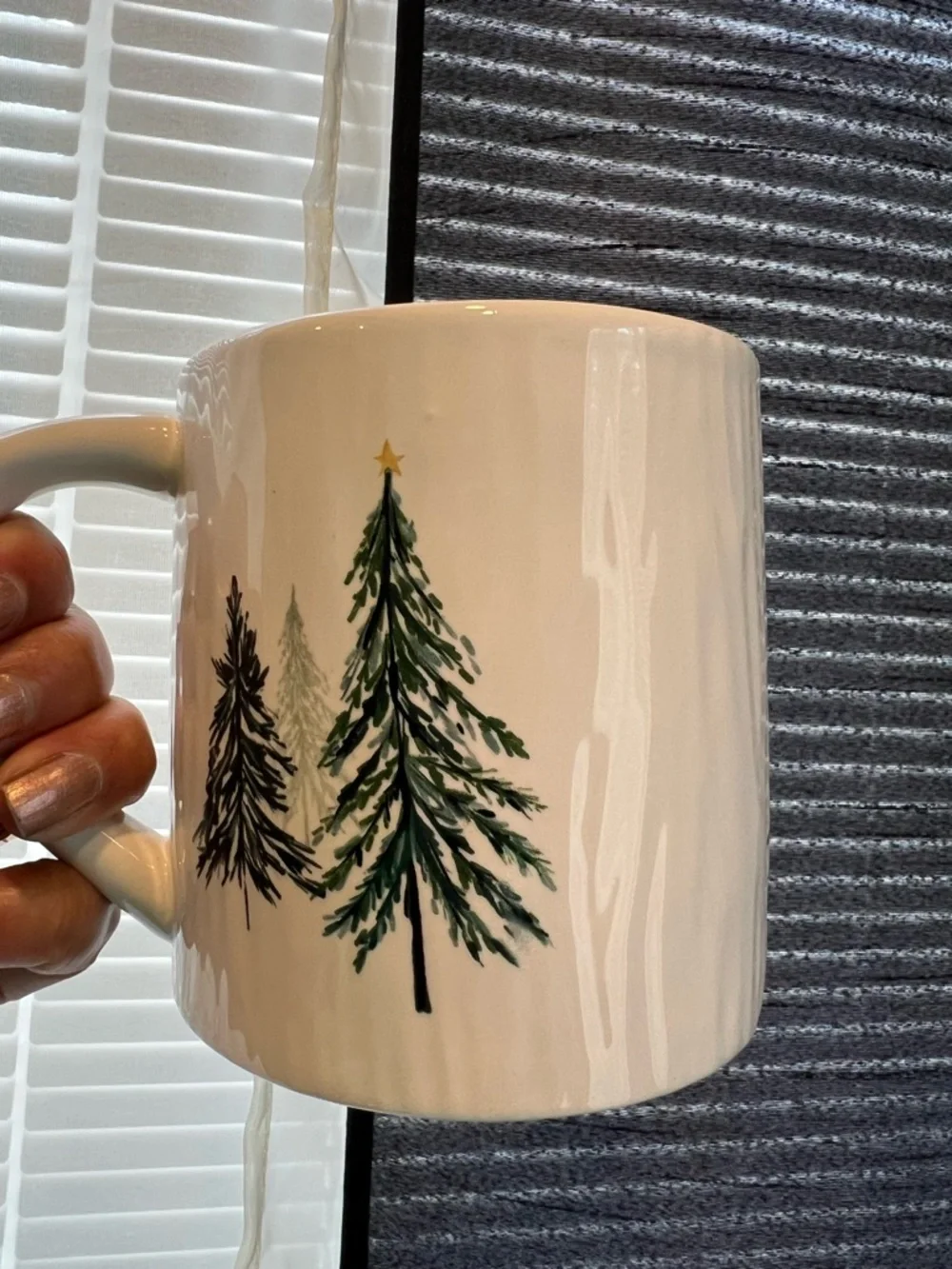 Pier 1 White Ceramic Mug with Green Christmas Tree Design
